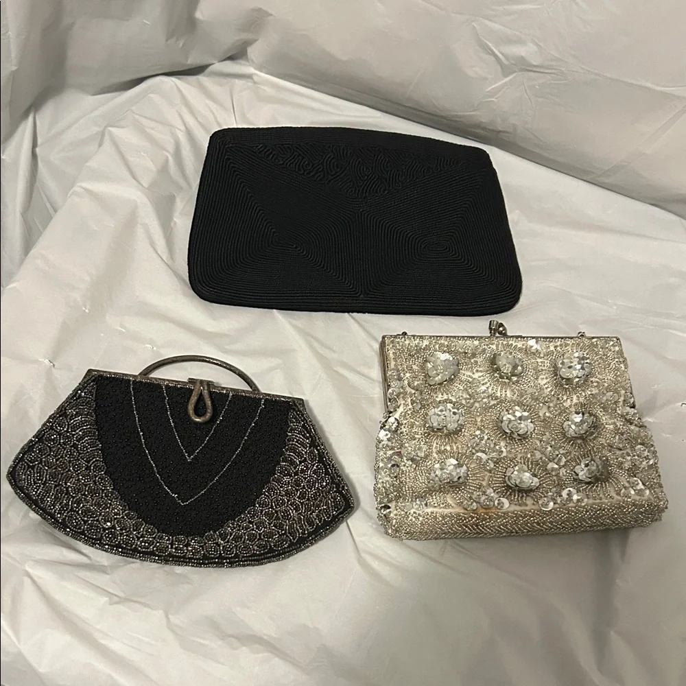 Bundle of  Vintage Black & silver  Beaded Evening Clutch - Elegant Women's Bag.